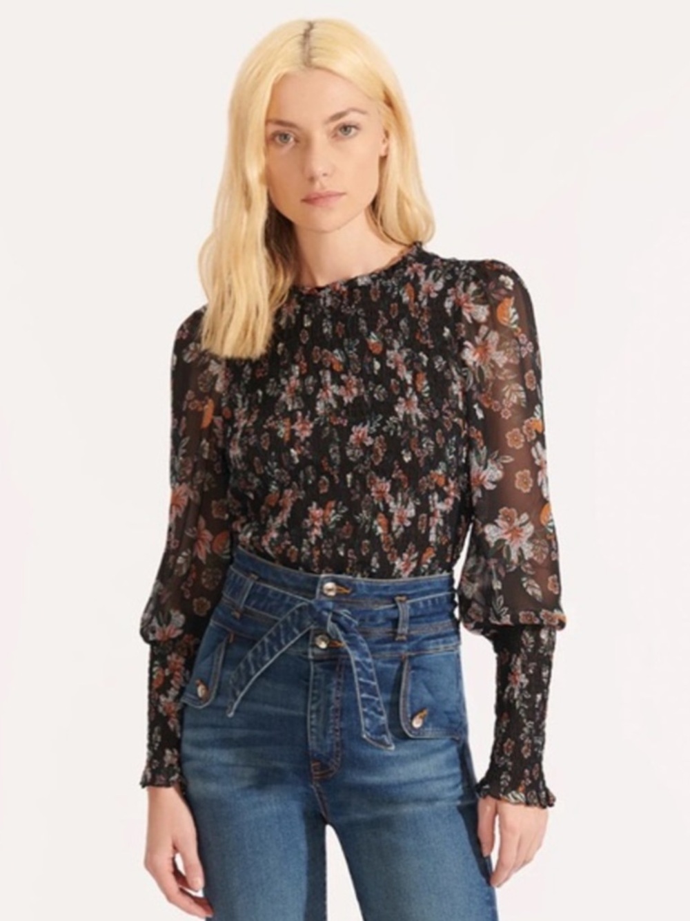 Veronica Beard Floral Long-Sleeve Smocked Blouse